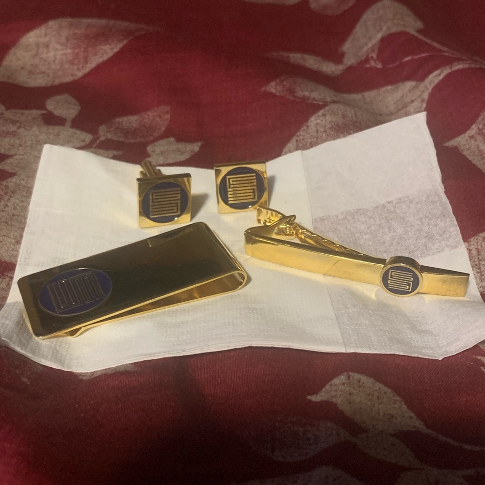 Gold and Blue Cufflinks/Tie Clip/money clip set